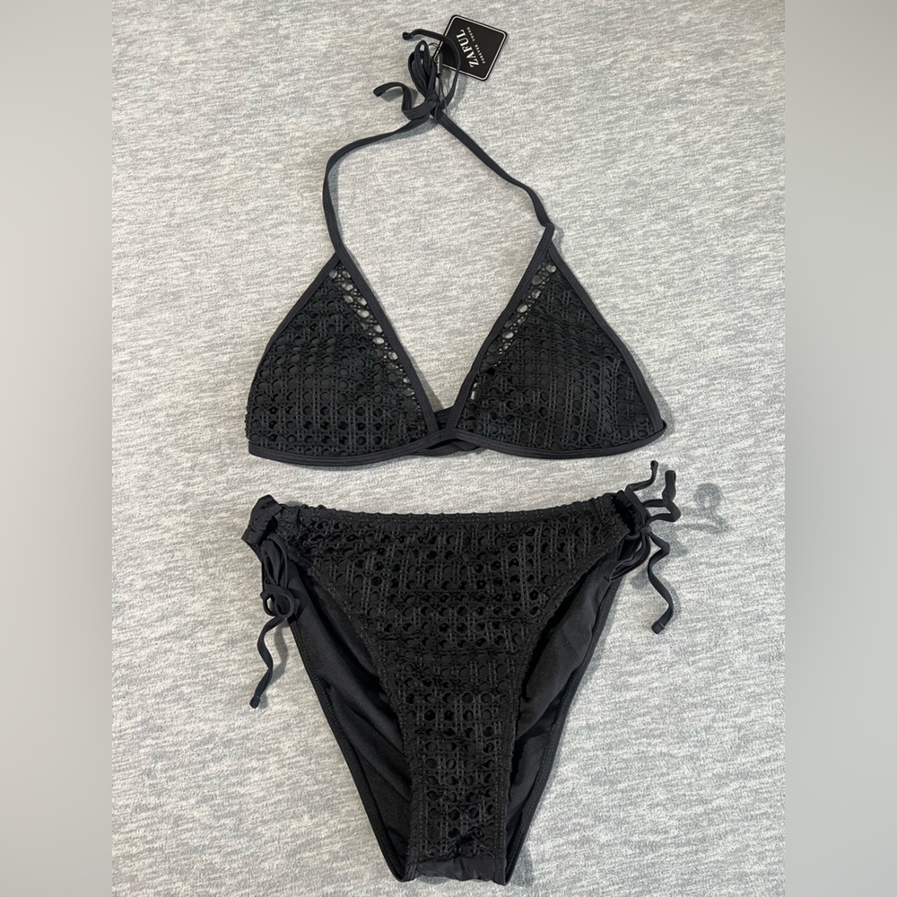 Zaful bikini women L 2 piece swimsuit set cutout halter tie black beach new
